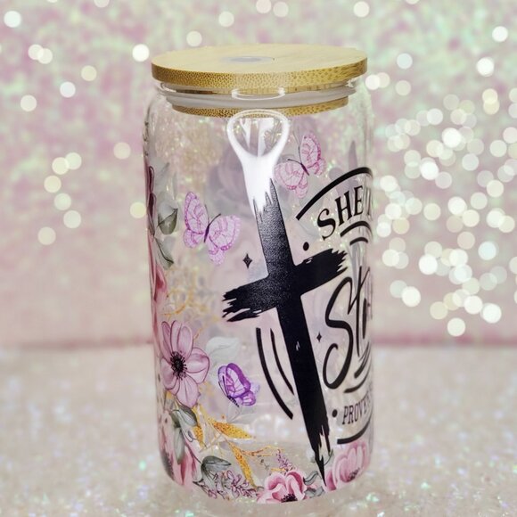 ☕"She Is Strong" Inspirational/Religious 16oz Glass Cup☕-BUNDLE & SAVE - Picture 5 of 7